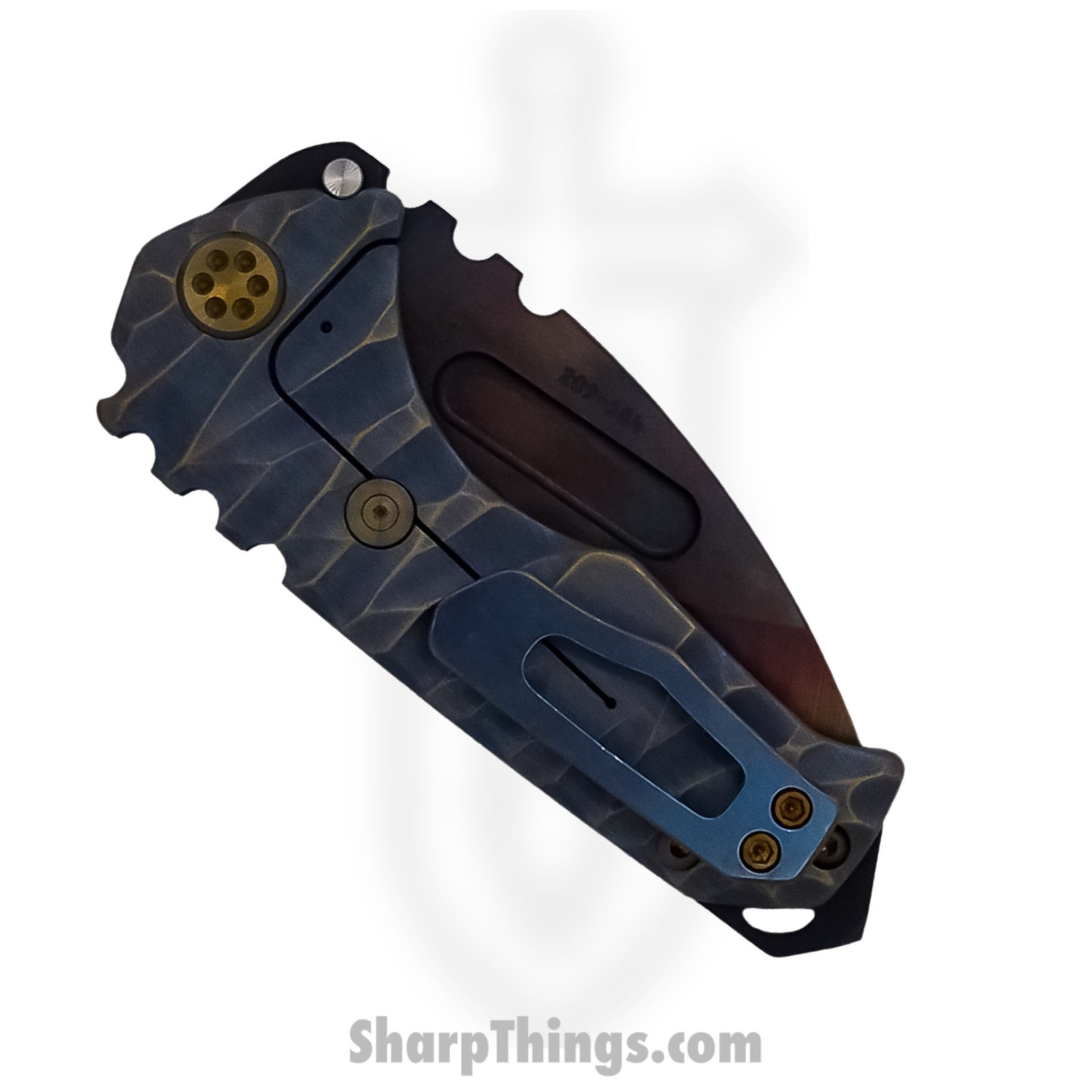 Medford Knife - MK024VD-36A1-T1C1-BP - Praetorian Genesis "T" Vulcan Drop Point Folder - S45VN - BB/Brass-Brz w/Aqua Predator - Image 5