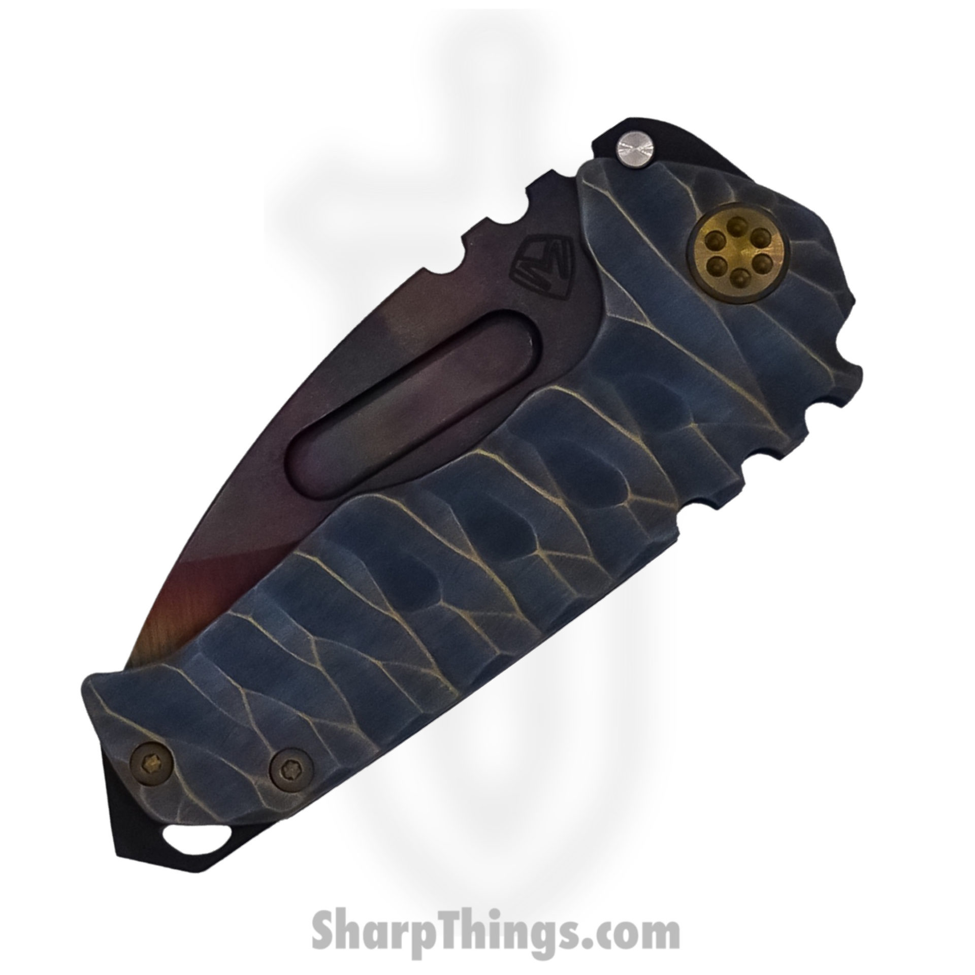 Medford Knife - MK024VD-36A1-T1C1-BP - Praetorian Genesis "T" Vulcan Drop Point Folder - S45VN - BB/Brass-Brz w/Aqua Predator - Image 4