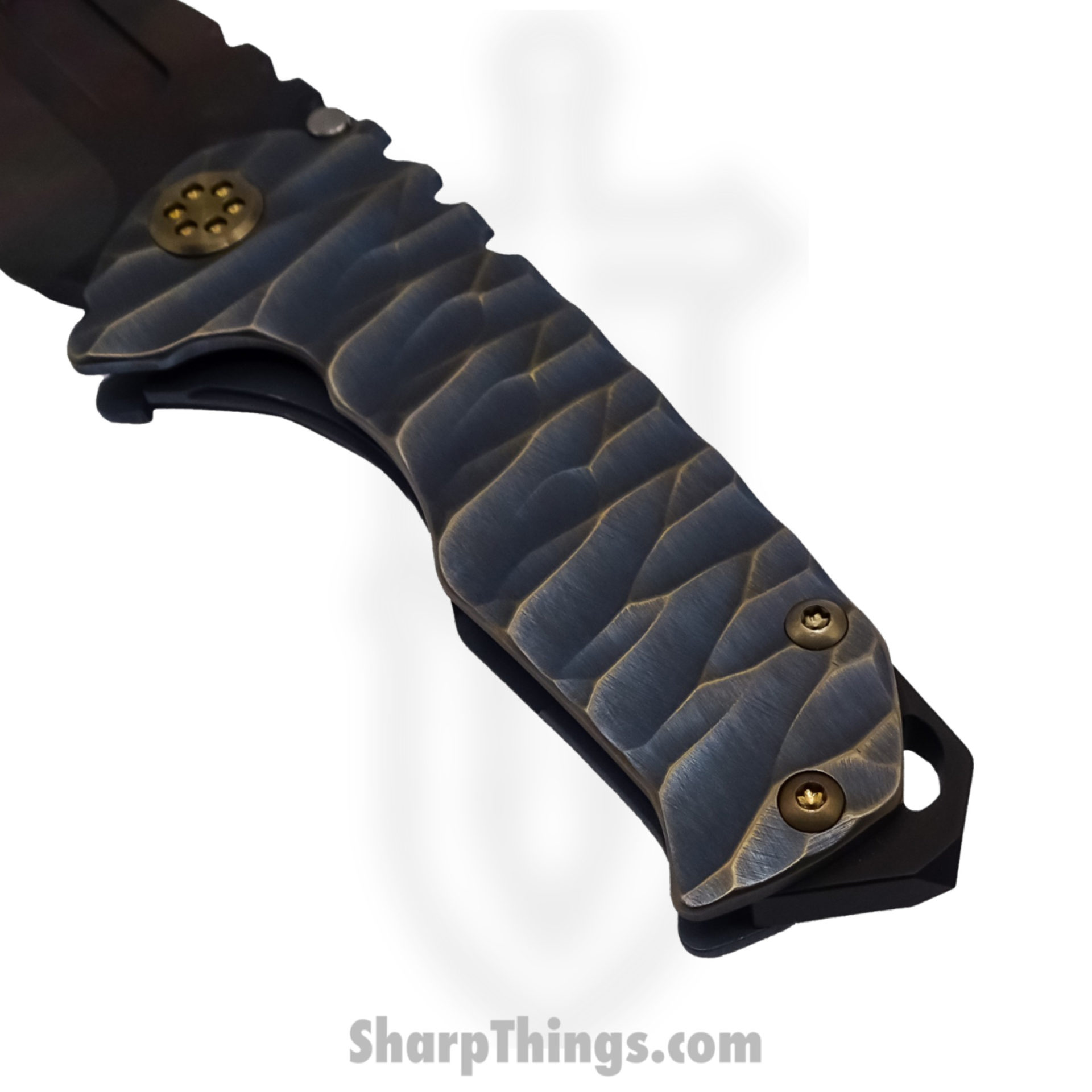 Medford Knife - MK024VD-36A1-T1C1-BP - Praetorian Genesis "T" Vulcan Drop Point Folder - S45VN - BB/Brass-Brz w/Aqua Predator - Image 3