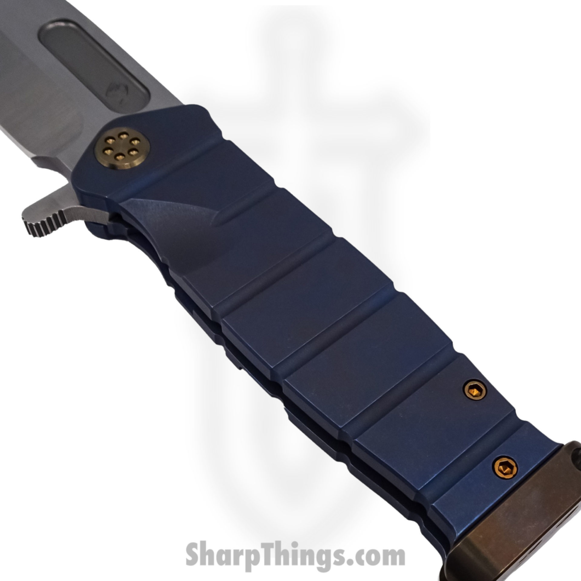 Medford Knife - MK204MTQ-37A2-T1C1-P1 - USMC Fighter Flipper Knife - Magnacut Tumbled - Blue with Bronze Hardware - Image 2
