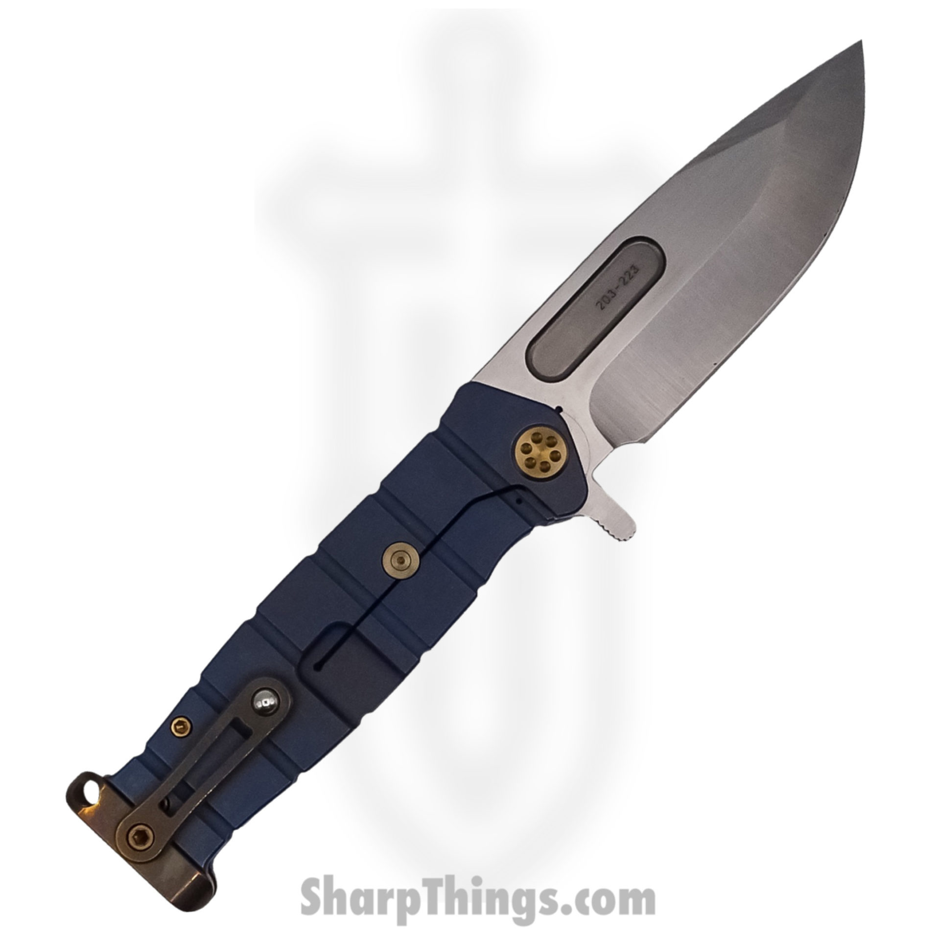 Medford Knife - MK204MTQ-37A2-T1C1-P1 - USMC Fighter Flipper Knife - Magnacut Tumbled - Blue with Bronze Hardware - Image 5