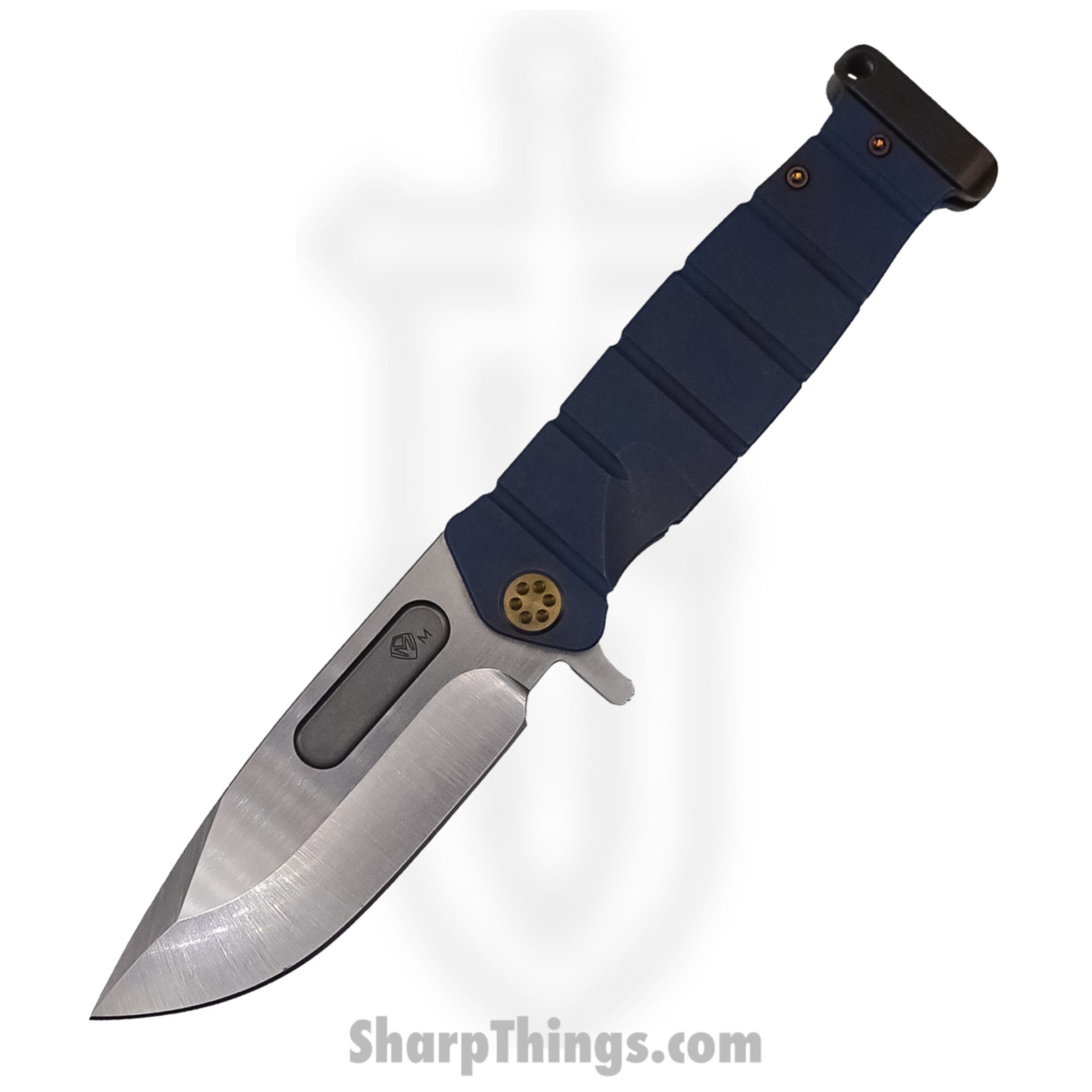 Medford Knife - MK204MTQ-37A2-T1C1-P1 - USMC Fighter Flipper Knife - Magnacut Tumbled - Blue with Bronze Hardware