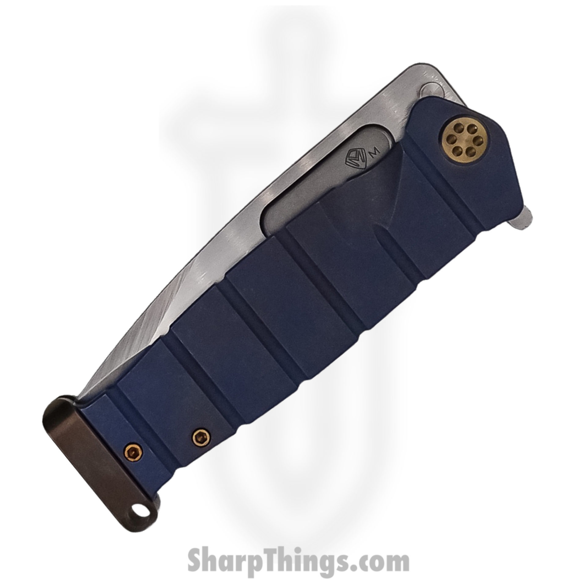 Medford Knife - MK204MTQ-37A2-T1C1-P1 - USMC Fighter Flipper Knife - Magnacut Tumbled - Blue with Bronze Hardware - Image 4