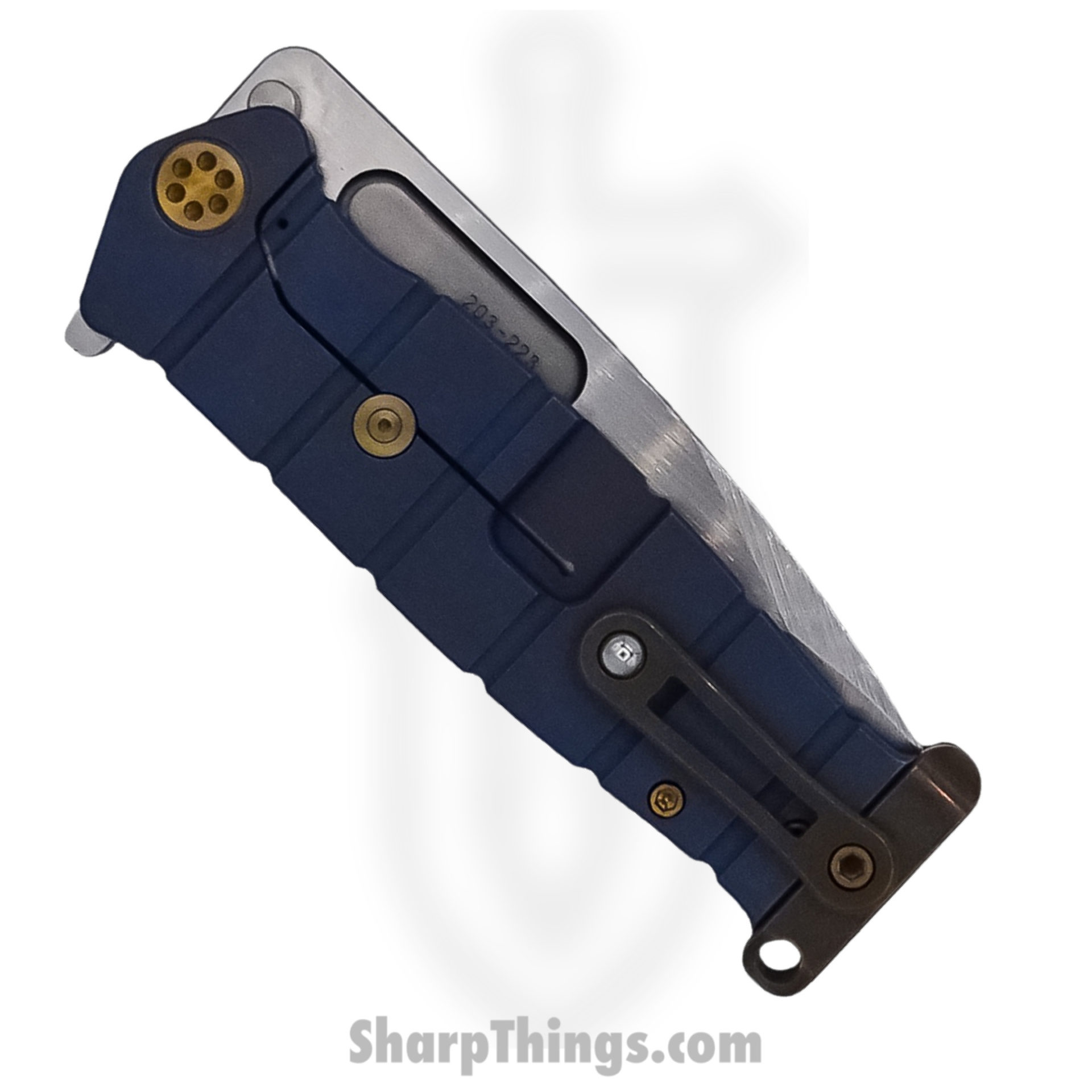 Medford Knife - MK204MTQ-37A2-T1C1-P1 - USMC Fighter Flipper Knife - Magnacut Tumbled - Blue with Bronze Hardware - Image 3