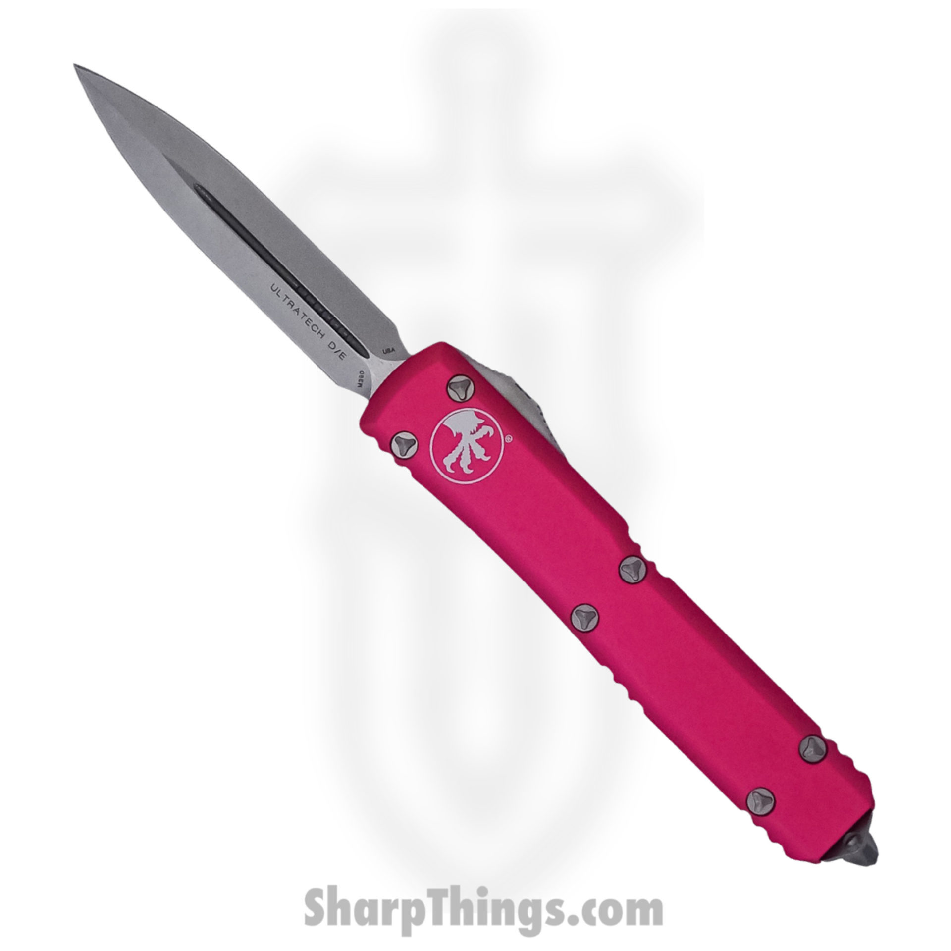 Microtech - 122-10PK - Ultratech - OTF Auto - Elmax, M390, 204P Stonewash Dagger - 6061-T6 Aluminum - Pink