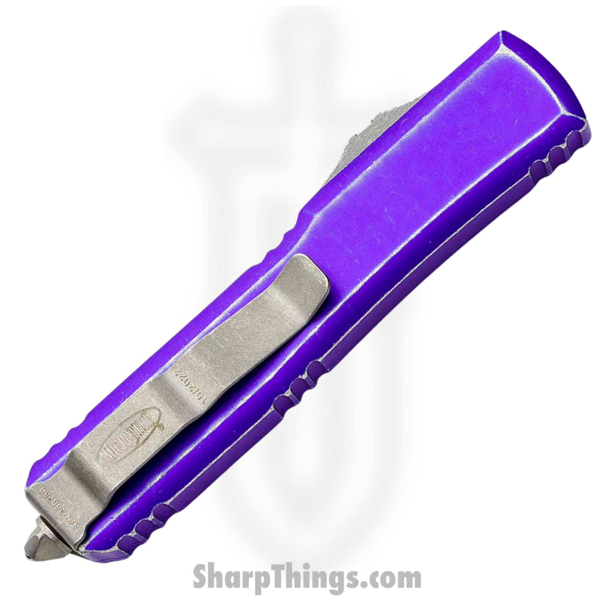 Microtech - 122-10DPU - Ultratech - OTF Auto - Elmax, M390, 204P Apocalyptic Dagger - 6061-T6 Aluminum - Distressed Purple - Image 4
