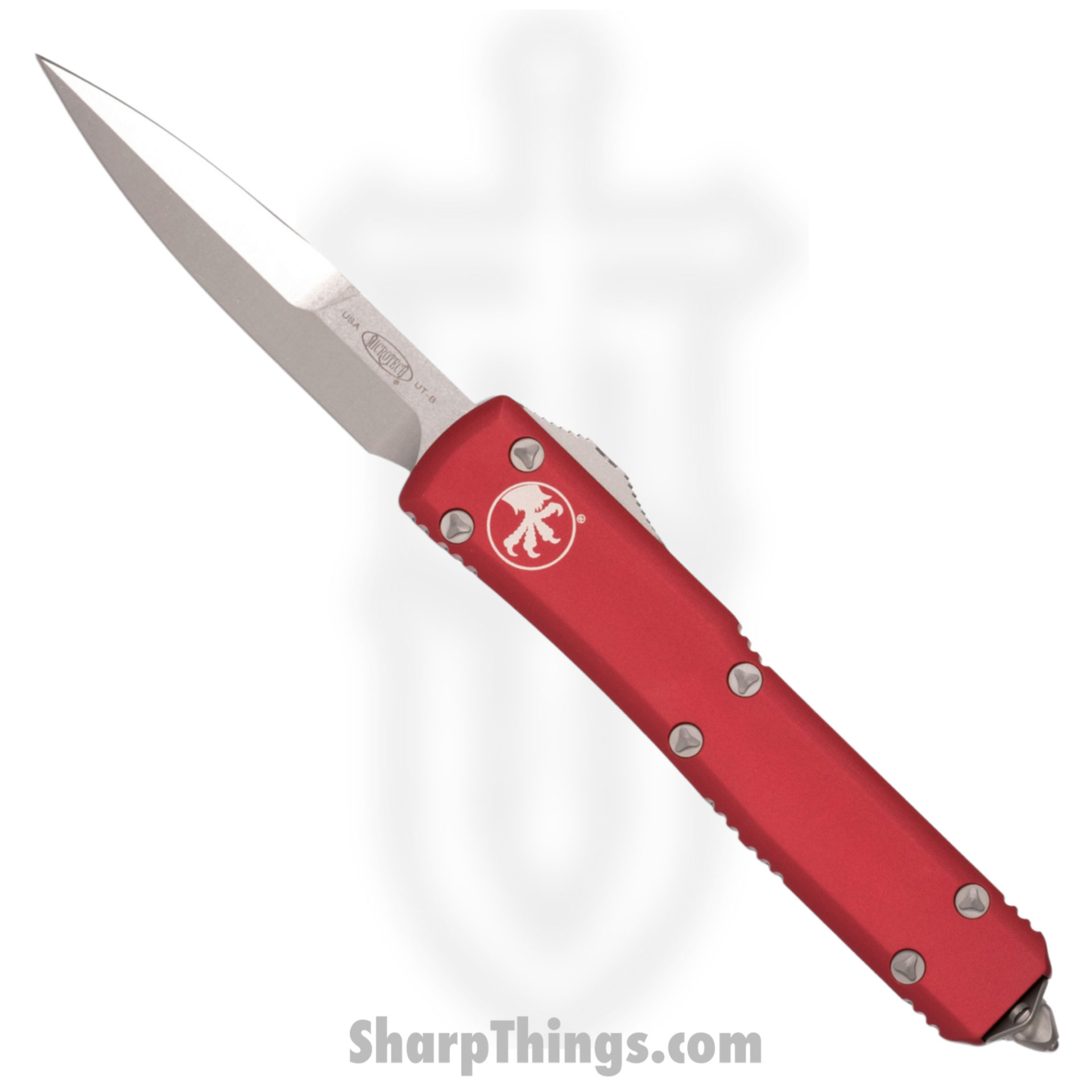 Microtech - 120-10RD - Ultratech - OTF Auto - Elmax, M390, 204P Stonewash Bayonet - 6061-T6 Aluminum - Red