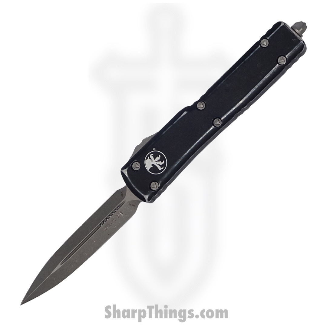 Microtech - 147-10DBK - UTX-70 - OTF Auto - Elmax, M390, 204P Stonewash Dagger - 6061-T6 Aluminum - Distressed Black
