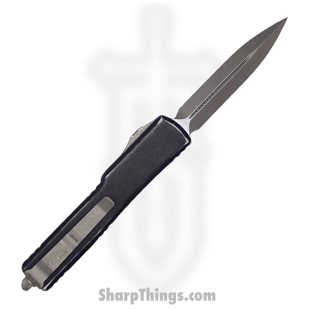 Microtech - 147-10DBK - UTX-70 - OTF Auto - Elmax, M390, 204P Stonewash Dagger - 6061-T6 Aluminum - Distressed Black - Image 2