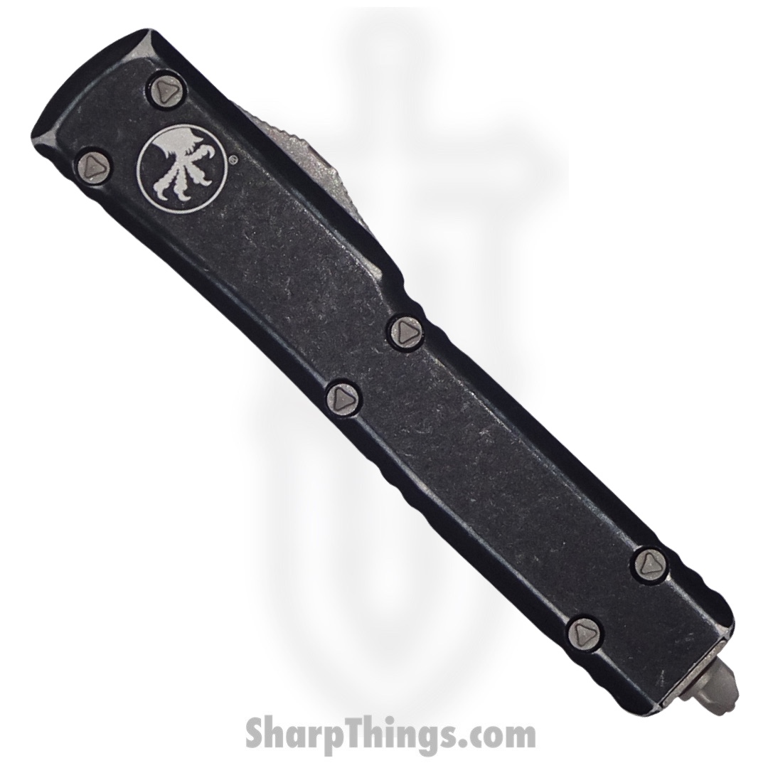Microtech - 147-10DBK - UTX-70 - OTF Auto - Elmax, M390, 204P Stonewash Dagger - 6061-T6 Aluminum - Distressed Black - Image 4
