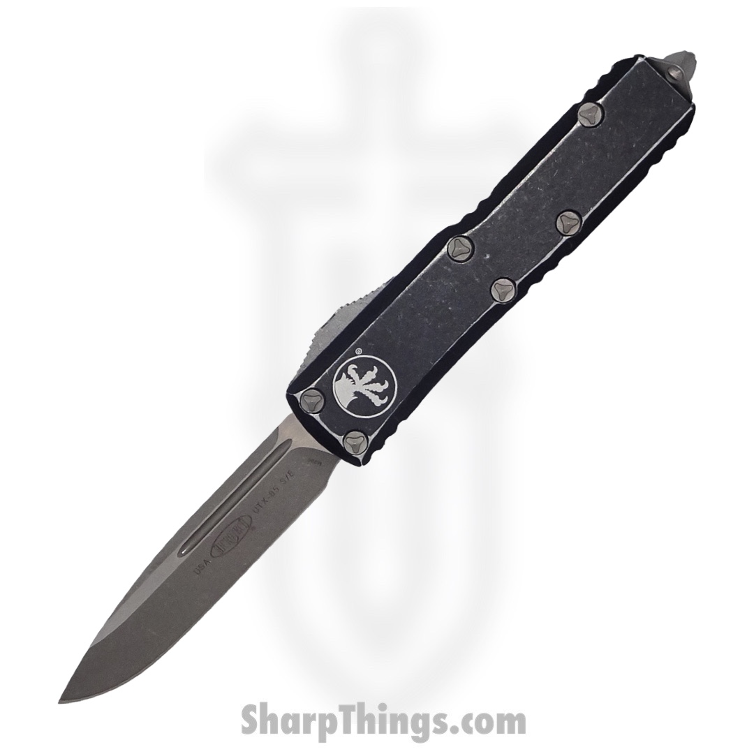 Microtech - 231-10DBK - UTX-85 - OTF Auto - Elmax, M390, 204P Stonewash Drop Point - 6061-T6 Aluminum - Distressed Black