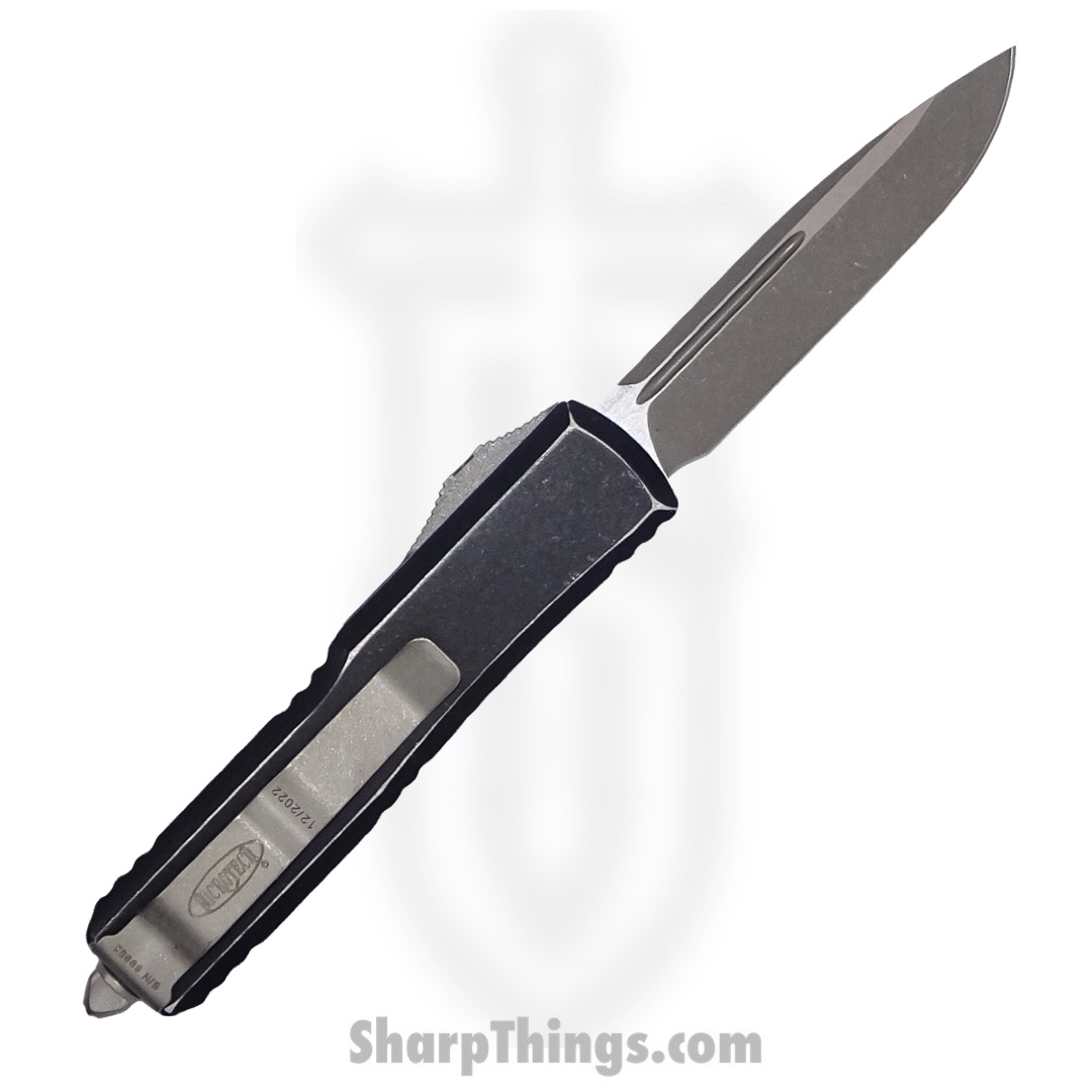Microtech - 231-10DBK - UTX-85 - OTF Auto - Elmax, M390, 204P Stonewash Drop Point - 6061-T6 Aluminum - Distressed Black - Image 2