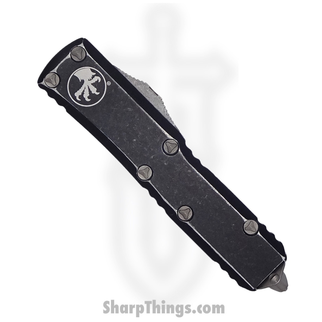 Microtech - 231-10DBK - UTX-85 - OTF Auto - Elmax, M390, 204P Stonewash Drop Point - 6061-T6 Aluminum - Distressed Black - Image 3