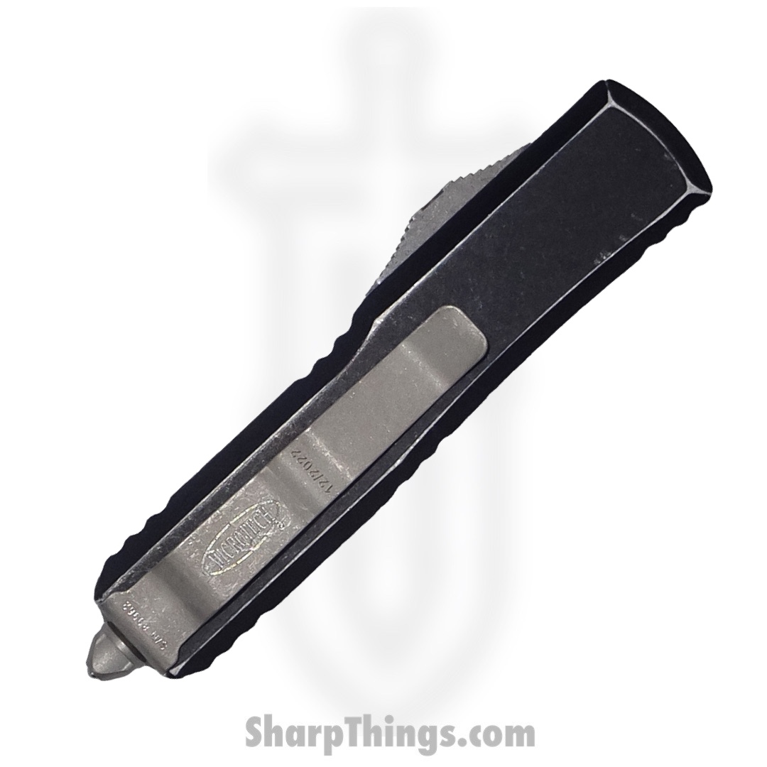Microtech - 231-10DBK - UTX-85 - OTF Auto - Elmax, M390, 204P Stonewash Drop Point - 6061-T6 Aluminum - Distressed Black - Image 4