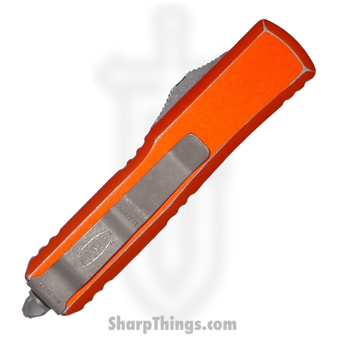 Microtech - 231-10DOR - UTX-85 - OTF Auto - Elmax, M390, 204P Apocalyptic Drop Point - 6061-T6 Aluminum - Distressed Orange - Image 3