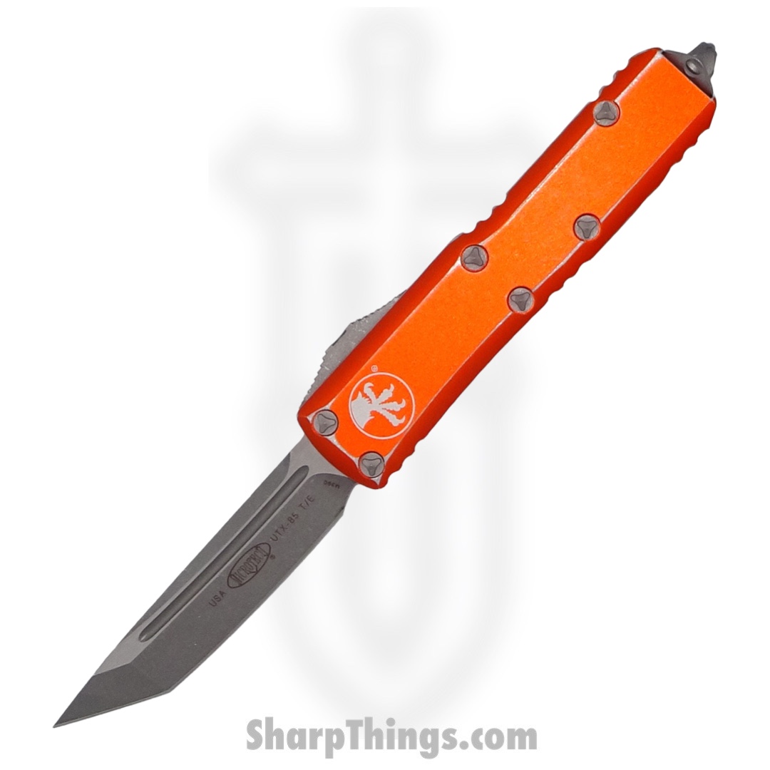 Microtech - 233-10DOR - UTX-85 - OTF Auto - Elmax, M390, 204P Stonewash Tanto - 6061-T6 Aluminum - Distressed Orange
