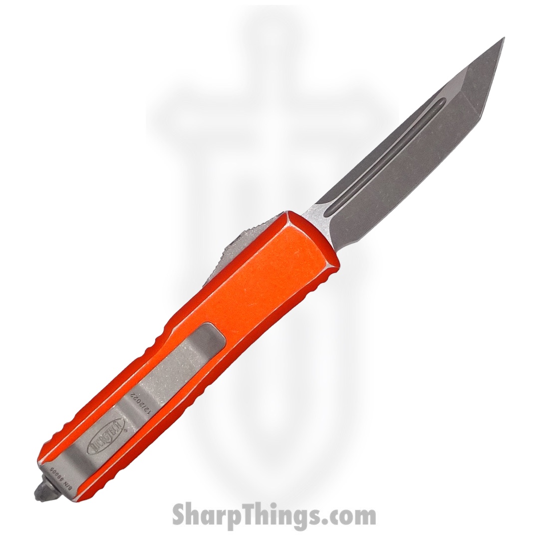 Microtech - 233-10DOR - UTX-85 - OTF Auto - Elmax, M390, 204P Stonewash Tanto - 6061-T6 Aluminum - Distressed Orange - Image 2