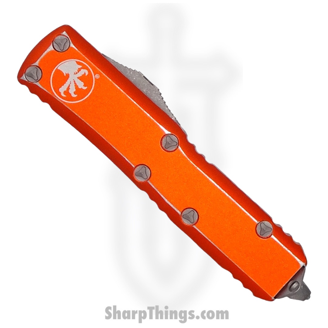 Microtech - 233-10DOR - UTX-85 - OTF Auto - Elmax, M390, 204P Stonewash Tanto - 6061-T6 Aluminum - Distressed Orange - Image 4