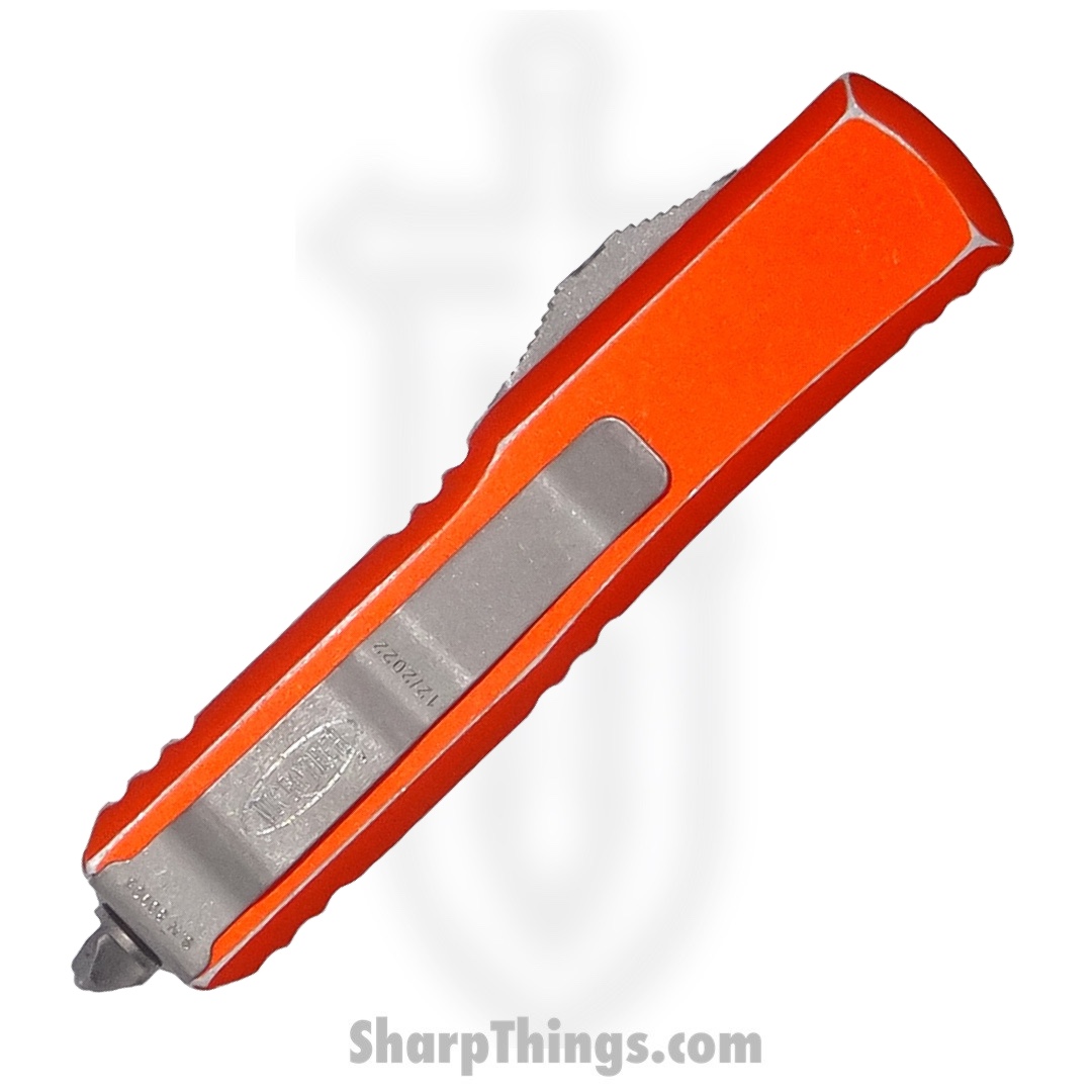 Microtech - 233-10DOR - UTX-85 - OTF Auto - Elmax, M390, 204P Stonewash Tanto - 6061-T6 Aluminum - Distressed Orange - Image 3
