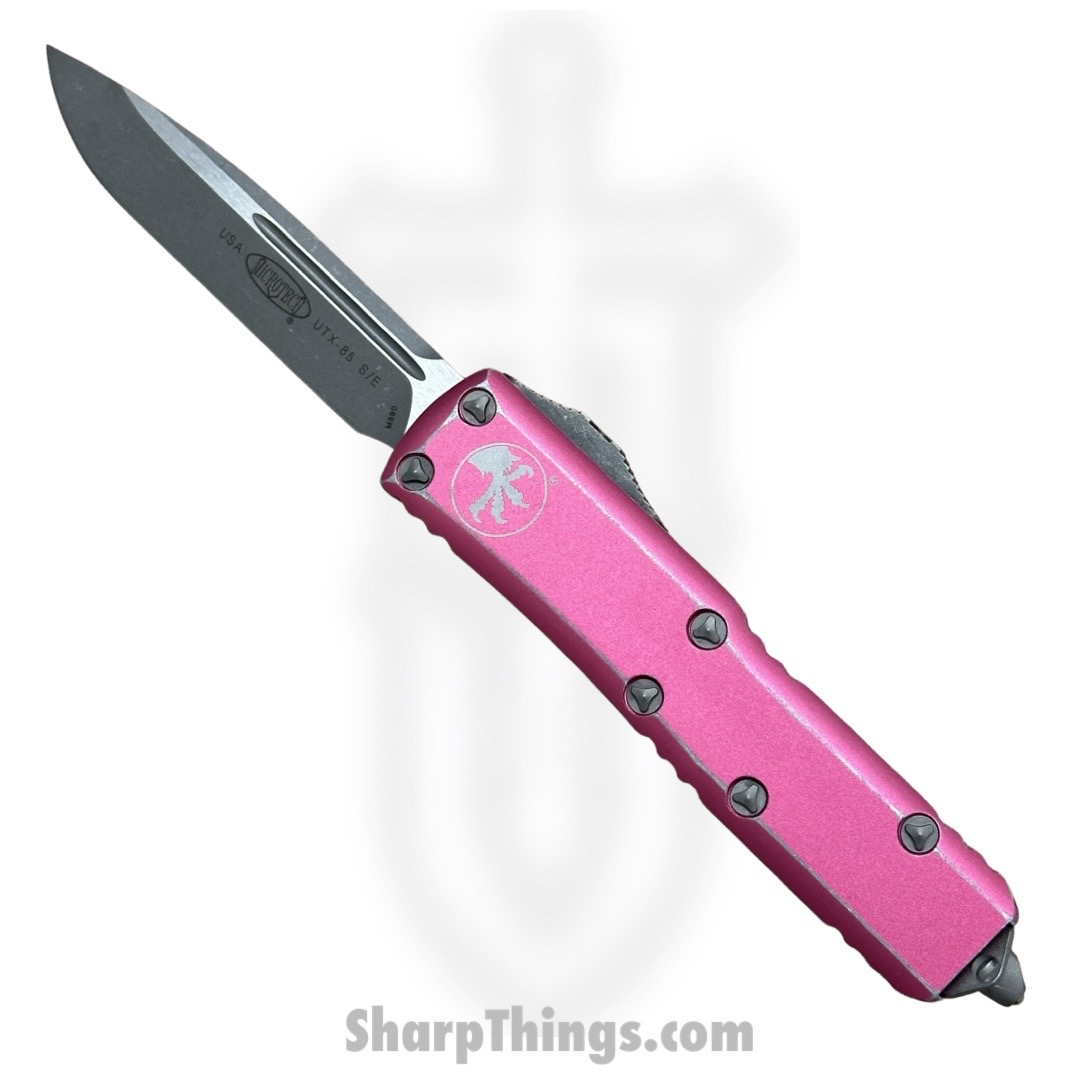 Microtech - 231-10DPK - UTX-85 - OTF Auto - Elmax, M390, 204P Apocalyptic Drop Point - 6061-T6 Aluminum - Distressed Pink