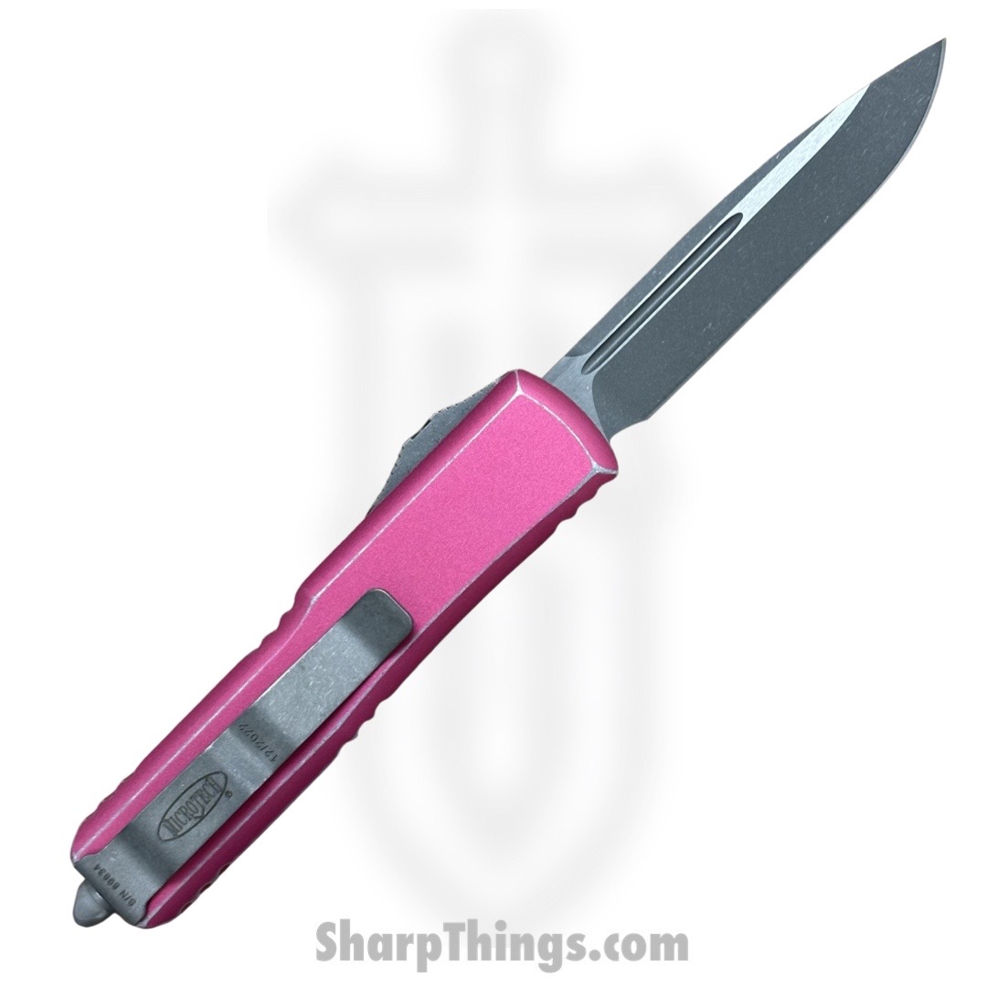 Microtech - 231-10DPK - UTX-85 - OTF Auto - Elmax, M390, 204P Apocalyptic Drop Point - 6061-T6 Aluminum - Distressed Pink - Image 2