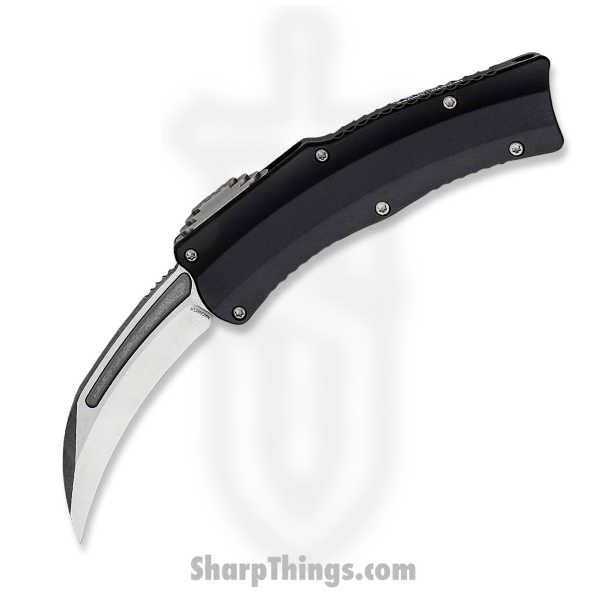 Heretic Knives - H060-2A - Roc - OTF Auto - Magnacut Stonewash Hawkbill - 6061-T6 Aluminum - Black