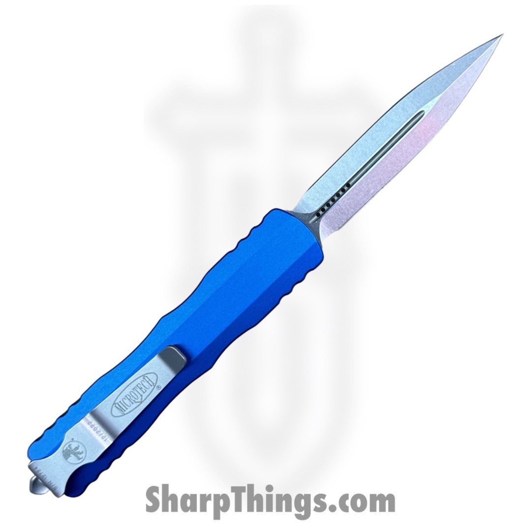 Microtech - 225-10BL - Dirac - OTF Auto - Elmax, M390, 204P Stonewash Dagger - 6061-T6 Aluminum - Blue - Image 2