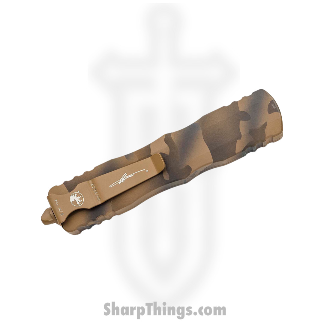 Microtech - 227-1CCS - Dirac Delta Signature Series - OTF Auto - Elmax, M390, 204P Coated Dagger - 6061-T6 Aluminum - Coyote Camo - Image 4