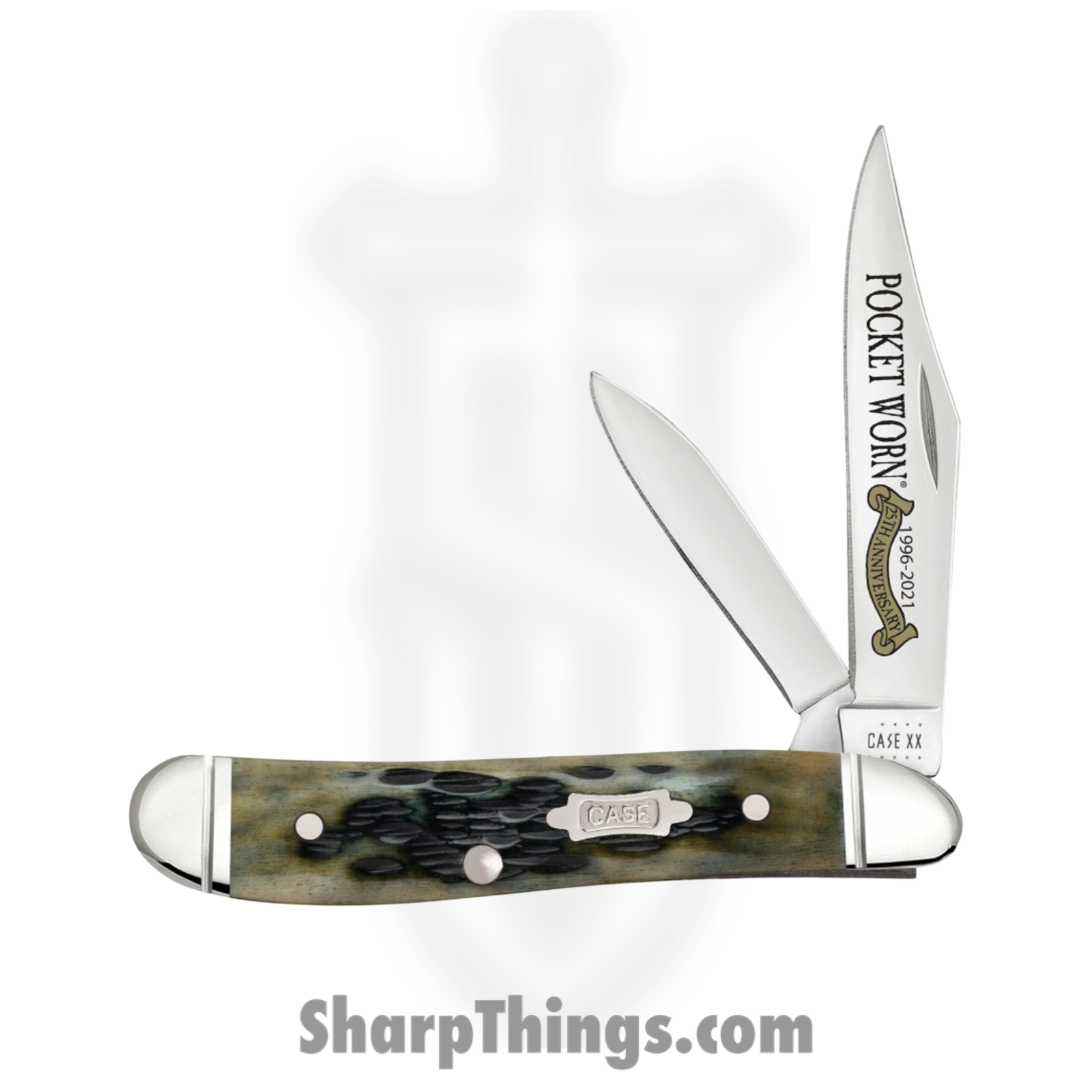 Case Cutlery - CA38196 - 25th Anniversary Peanut - Folding Knife - Tru-Sharp Stainless Polished Spear, Pen - Peach Seed Jigged Bone - Olive