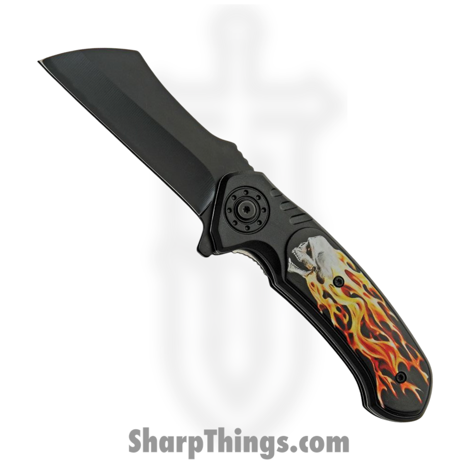 Rite Edge - CN300554FS - Flaming Skull - Folding Knife - Stainless Coated Cleaver - ABS - Black/Orange/Red
