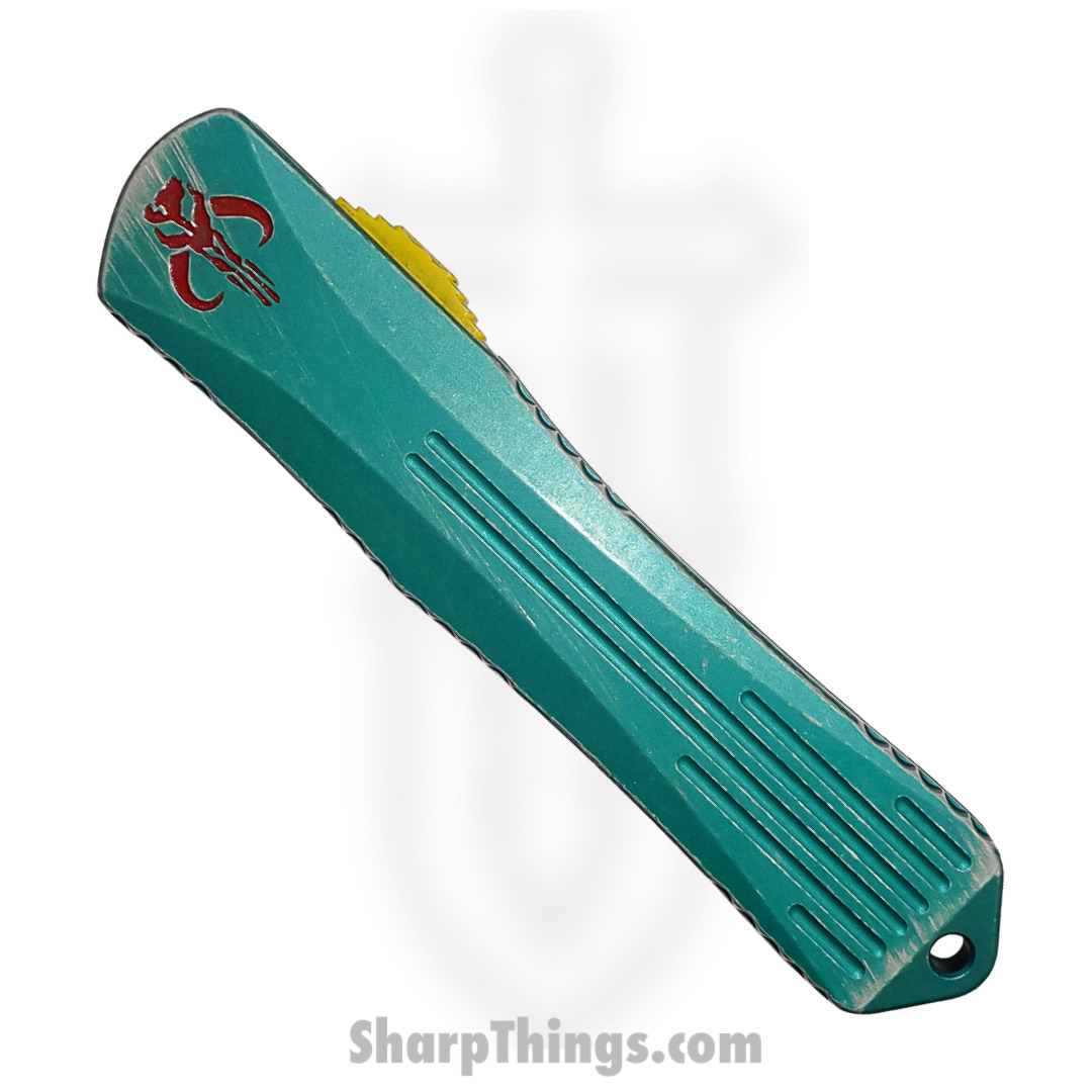 Heretic Knives - H031-8A-BOUNTY - Manticore X Bounty Hunter - OTF Auto - Magnacut Coated Tanto - 6061-T6 Aluminum/Camo Carbon - Green/Red/Yellow - Image 4