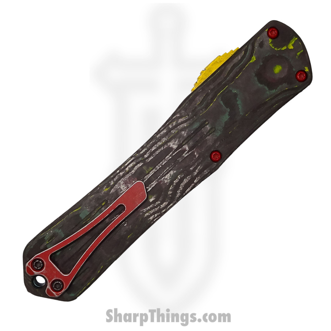Heretic Knives - H031-8A-BOUNTY - Manticore X Bounty Hunter - OTF Auto - Magnacut Coated Tanto - 6061-T6 Aluminum/Camo Carbon - Green/Red/Yellow - Image 5