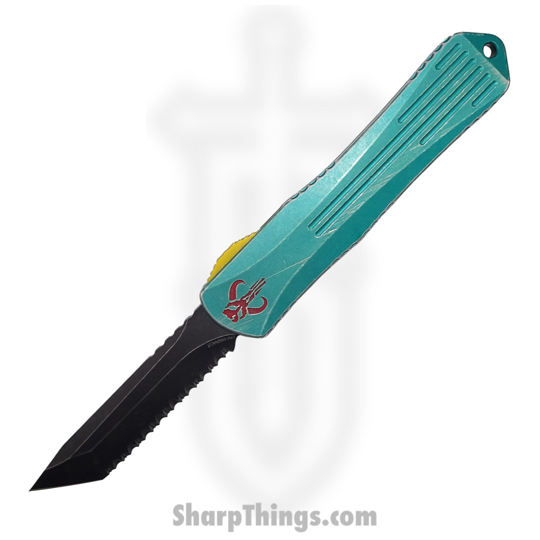 Heretic Knives - H031-8C-BOUNTY - Manticore X Bounty Hunter - OTF Auto - Magnacut Coated Tanto - 6061-T6 Aluminum/Camo Carbon - Green/Red/Yellow