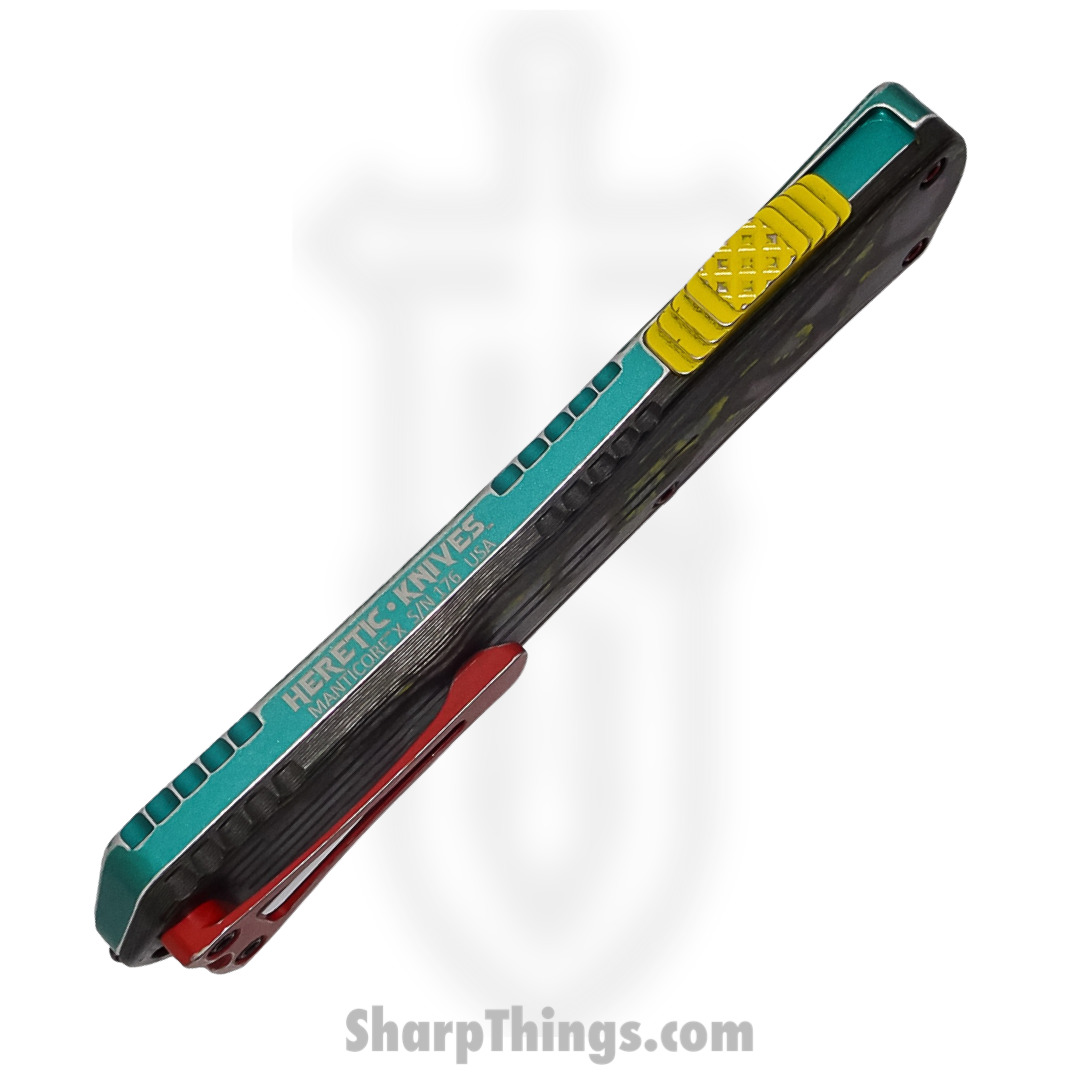 Heretic Knives - H031-8C-BOUNTY - Manticore X Bounty Hunter - OTF Auto - Magnacut Coated Tanto - 6061-T6 Aluminum/Camo Carbon - Green/Red/Yellow - Image 3