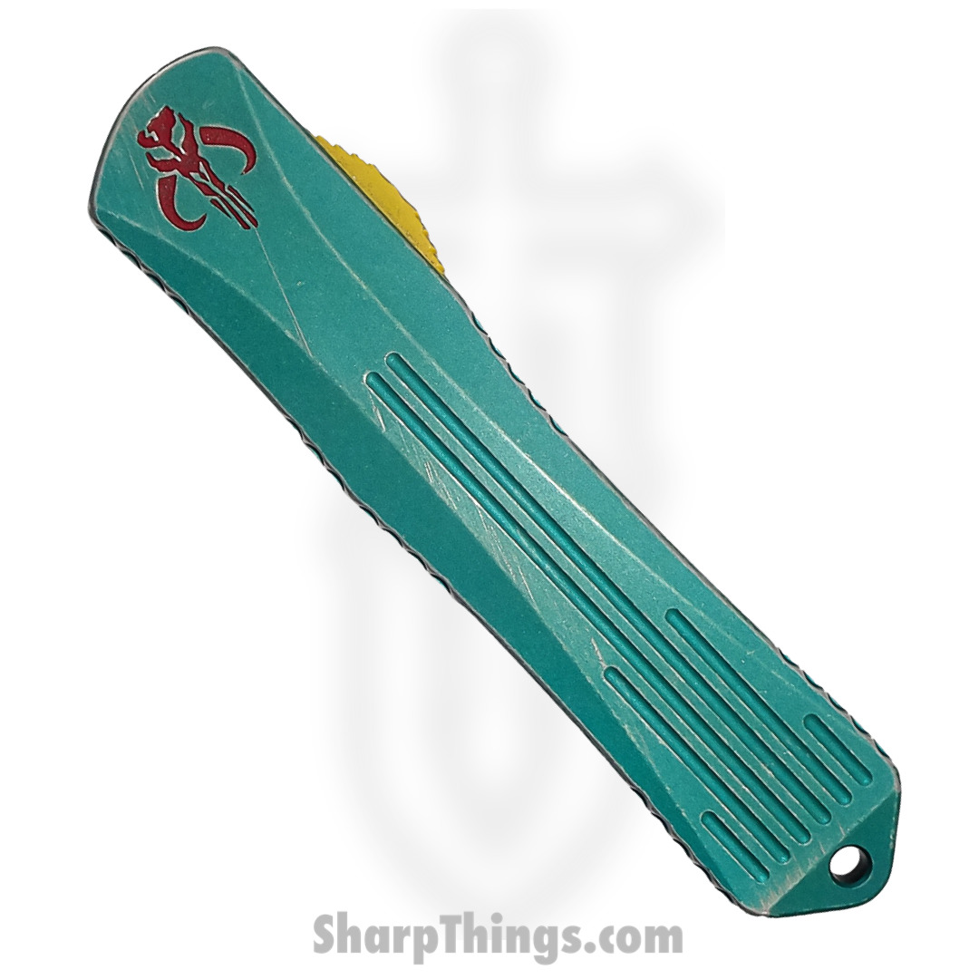 Heretic Knives - H031-8C-BOUNTY - Manticore X Bounty Hunter - OTF Auto - Magnacut Coated Tanto - 6061-T6 Aluminum/Camo Carbon - Green/Red/Yellow - Image 4