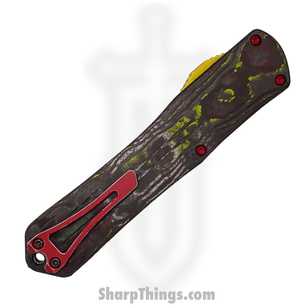 Heretic Knives - H031-8C-BOUNTY - Manticore X Bounty Hunter - OTF Auto - Magnacut Coated Tanto - 6061-T6 Aluminum/Camo Carbon - Green/Red/Yellow - Image 5