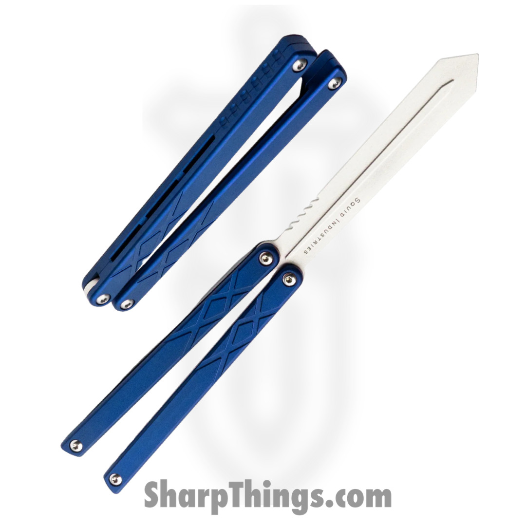 Squid Industries - 07TR75SW01BL - Swordfish Knife - Balisong - Trainer - Bead Blasted 7075 Aluminum - Blue and Silver - Image 2