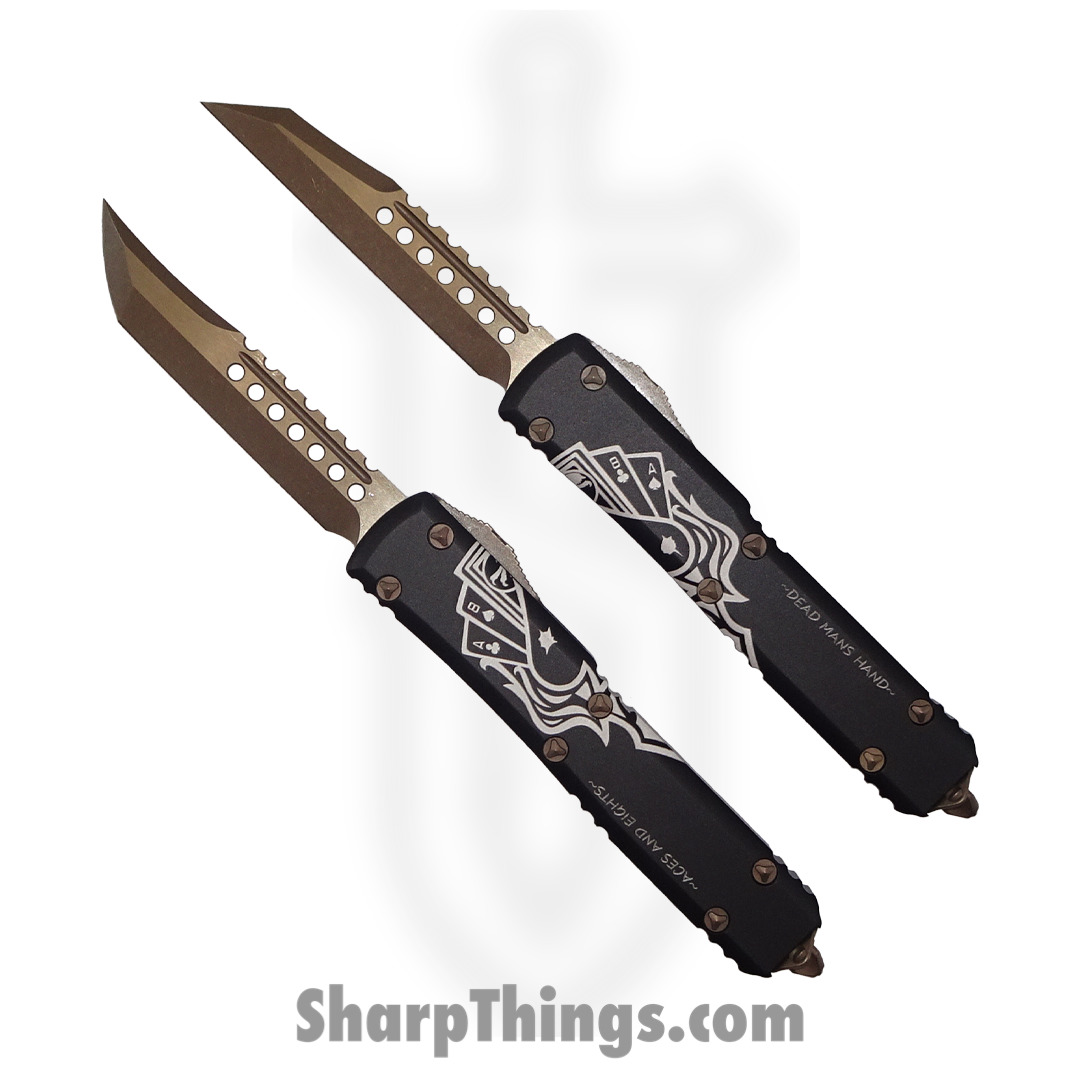 Microtech - 119-13SETDMS - Ultratech Hellhound/Warhound Dead Man's Hand Set - OTF Auto - Elmax Bronze - 6061-T6 Aluminum - Black/White