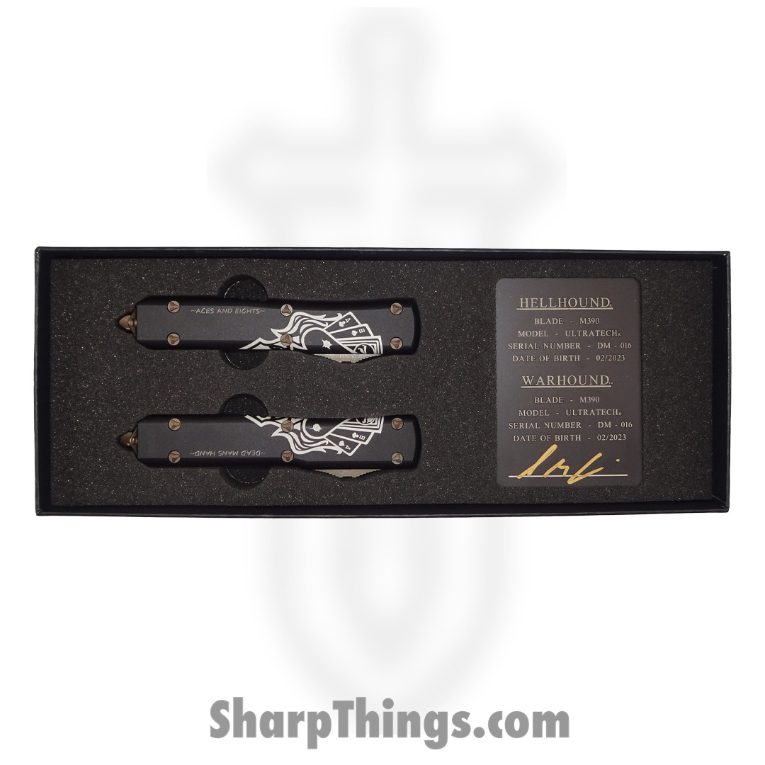 Microtech - 119-13SETDMS - Ultratech Hellhound/Warhound Dead Man's Hand Set - OTF Auto - Elmax Bronze - 6061-T6 Aluminum - Black/White - Image 5