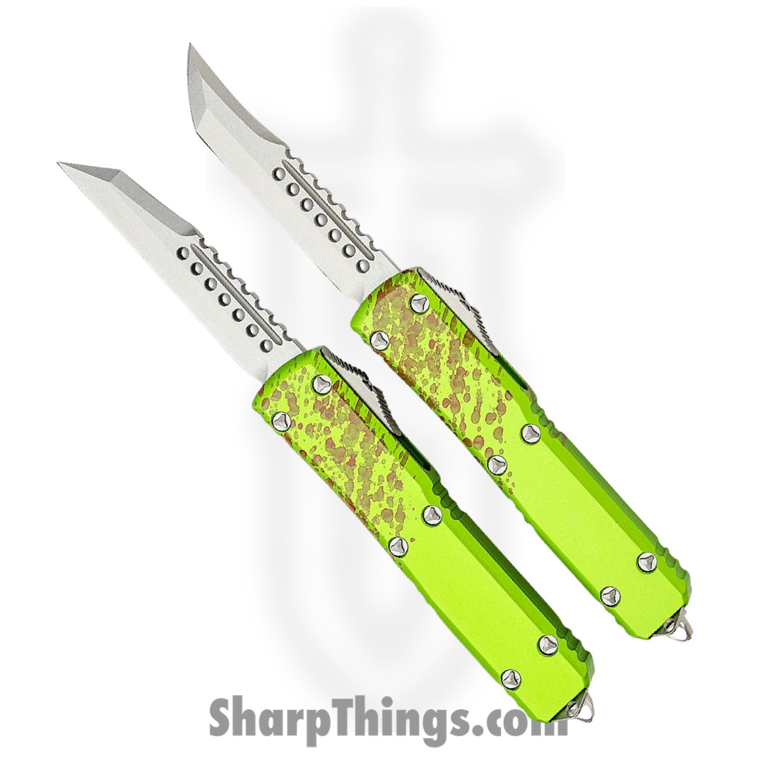 Microtech - 119-10SETZTS - Ultratech Hellhound/Warhound Zombie Set - OTF Auto - Elmax Stonewash - 6061-T6 Aluminum - Green/Red