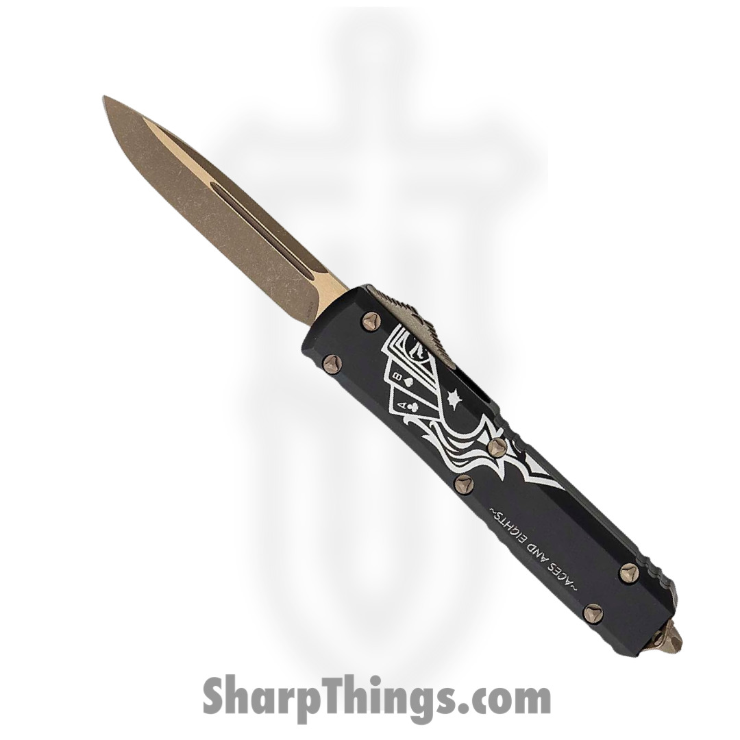 Microtech - 121-13DMS - Ultratech Deadmans Hand - OTF Auto - M390 Bronze Drop Point - 6061-T6 Aluminum - Black/White