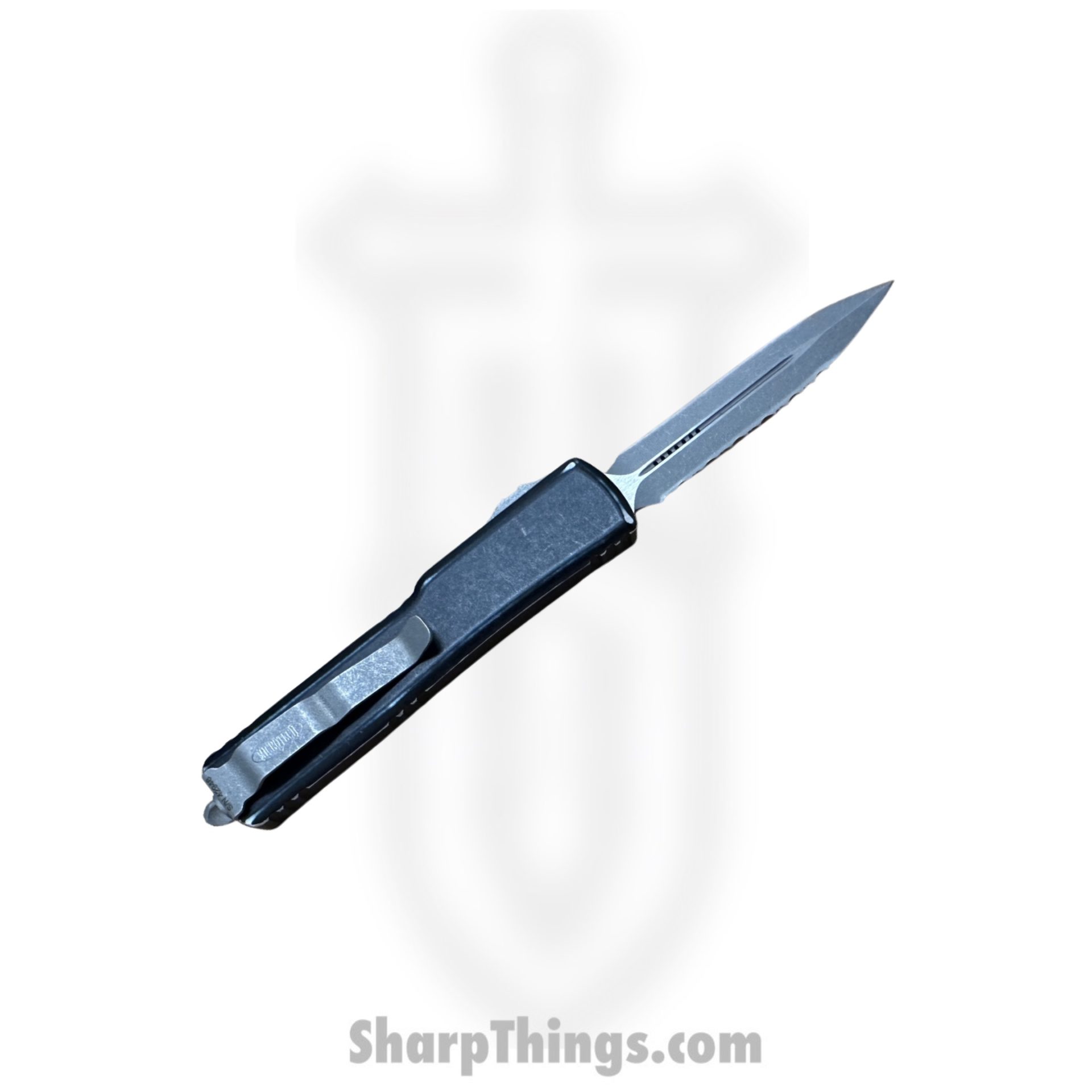Microtech - 147-D12DBK - UTX-70 - OTF Auto - Elmax Apocalyptic Dagger - 6061-T6 Aluminum - Distressed Black - Image 2