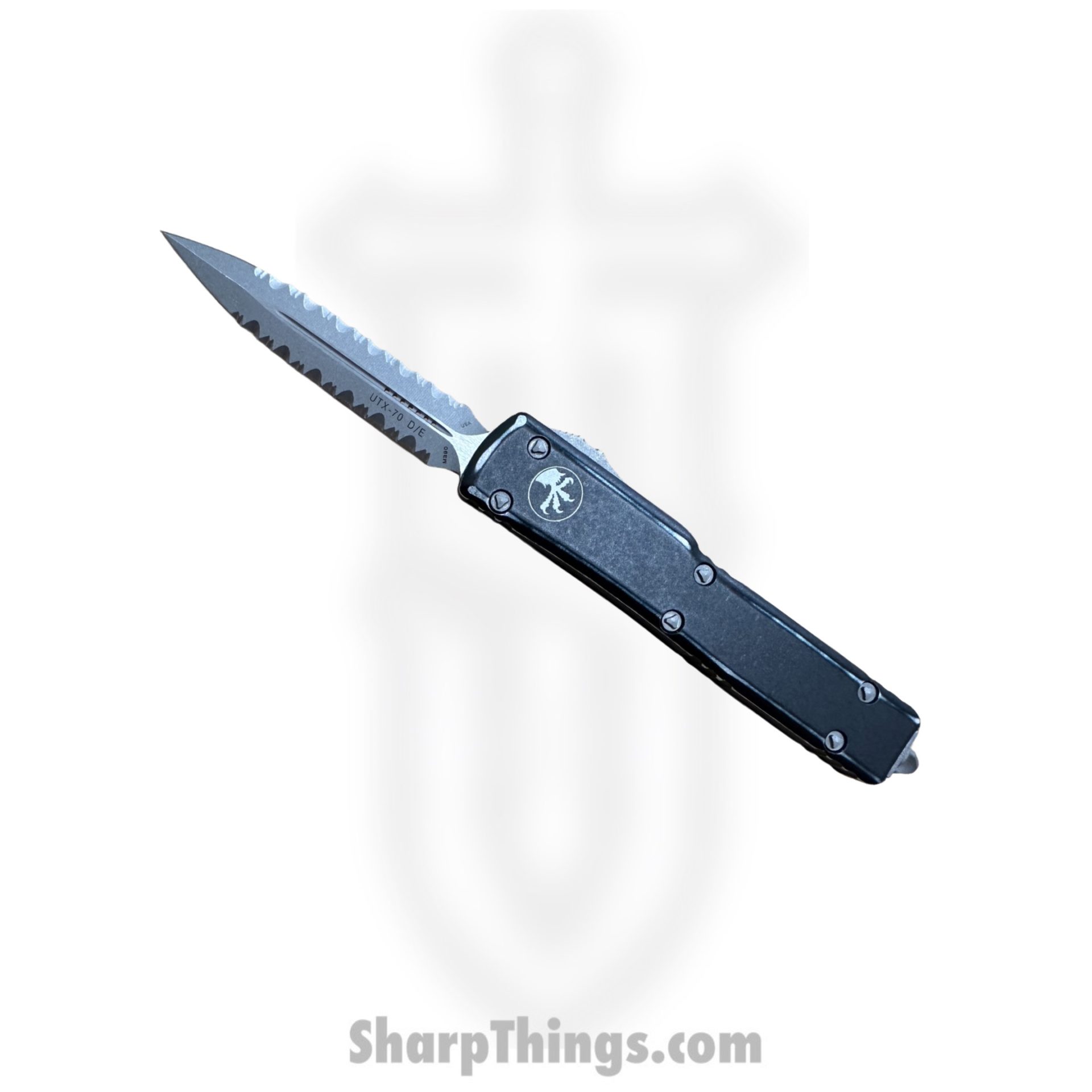 Microtech - 147-D12DBK - UTX-70 - OTF Auto - Elmax Apocalyptic Dagger - 6061-T6 Aluminum - Distressed Black