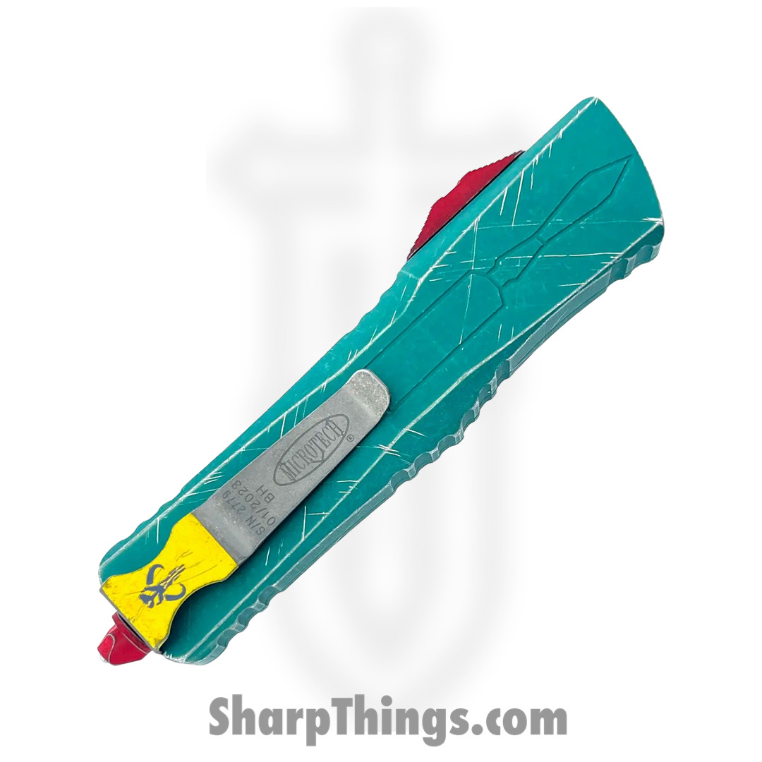 Microtech - 219-10BH - Combat Troodon Bounty Hunter - OTF Auto - M390 Apocalyptic Hellhound Tanto - 6061-T6 Aluminum - Green/Red/Yellow - Image 3