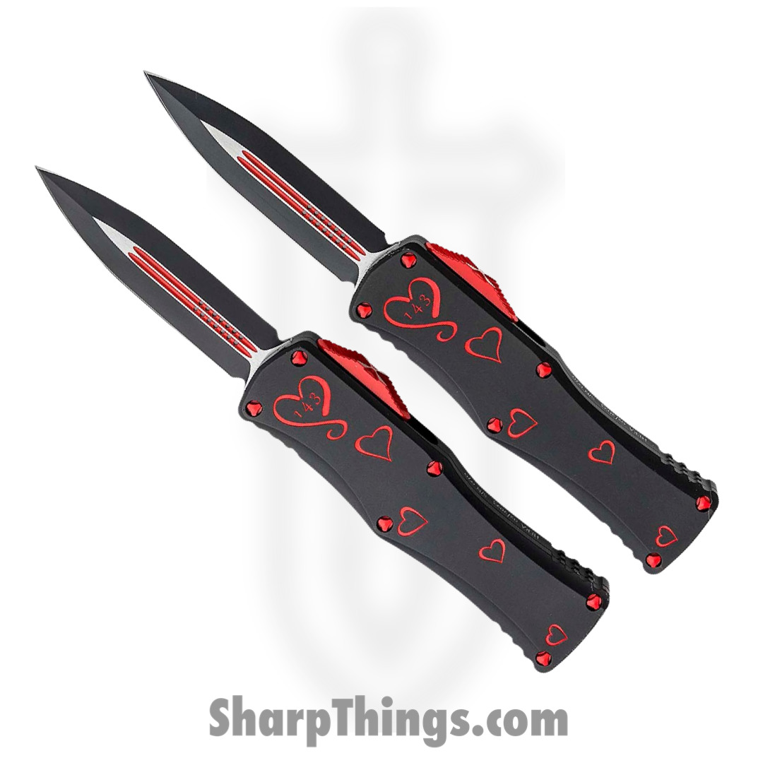 Microtech - 702-1SETTFS - Hera Twin Flames Set - OTF Auto - M390 Coated Dagger - 6061-T6 Aluminum/Hearts - Black/Red