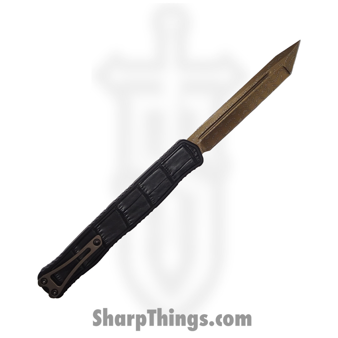 Heretic Knives - HKC23-23 - Custom Cleric II - Automatic Knife - 3V Vegas Forge Bronze Damascus Tanto - Aluminum/Crocodile Inlay - Black - Image 2