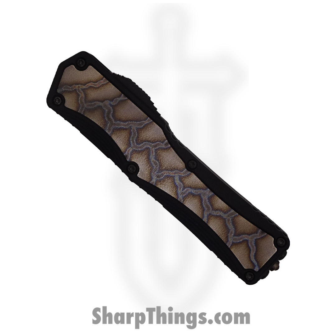 Heretic Knives - HKCCOL-23 - Custom Colossus - OTF Auto - Elmax Coated Dagger - Aluminum/Titanium Lightning Flamed Inlay - Black/Grey - Image 2
