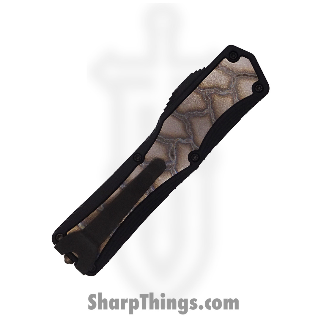Heretic Knives - HKCCOL-23 - Custom Colossus - OTF Auto - Elmax Coated Dagger - Aluminum/Titanium Lightning Flamed Inlay - Black/Grey - Image 3