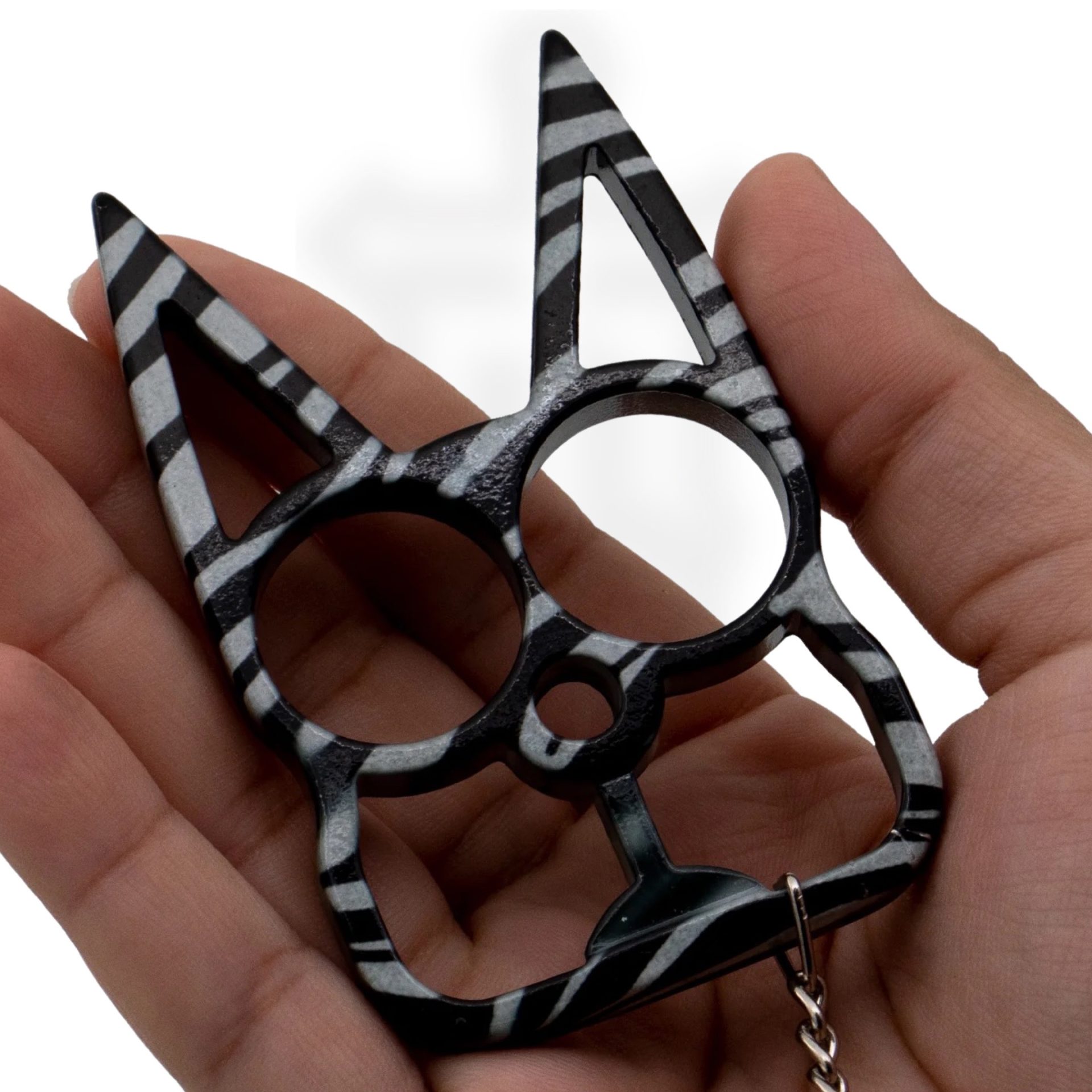VOC - CT-009-ZEB - Cat Public Safety Keychain - Stainless Steel - Black and White Zebra Pattern - Image 2