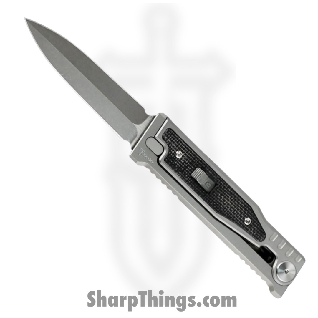 Reate Knives - EXOM-DEMIBK - EXO-M - OTF Gravity Knife - Satin CPM3V Dual Edge - Titanium w Micarta - Black
